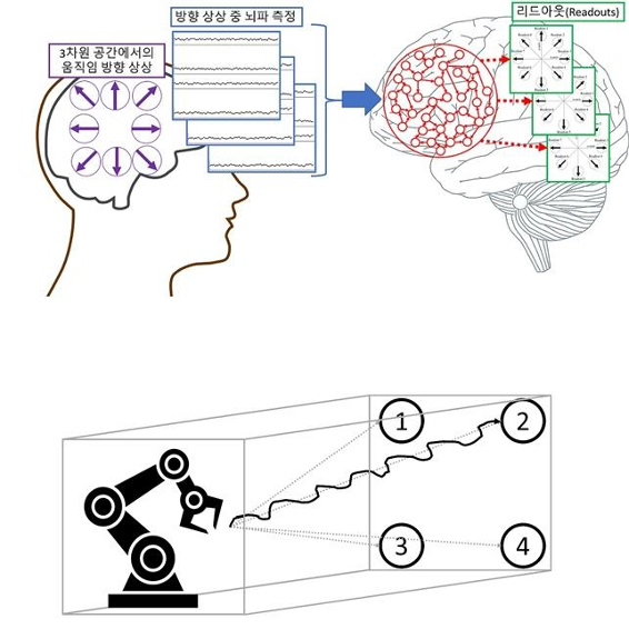 뇌-기계 인터페이스 개념도 | 3차원 공간상에서 로봇팔을 움직이는 상상을 할 때의 뇌파를 해석해 높은 정확도로 로봇팔을 작동시켰다. (정재승 교수 제공)