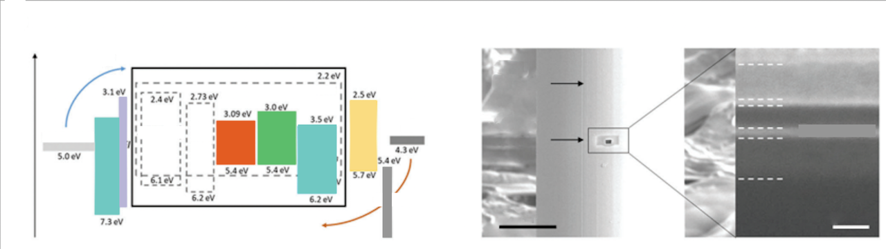 섬유 WOLED의 설계 방식 및 결과물 | (좌)섬유 WOLED의 에너지 레벨 다이어그램, (우)섬유 위에 제작된 WOLED 주사 전자현미경 이미지 (섬유 이미지/OLED 다층 박막들) (최경철 교수 제공)