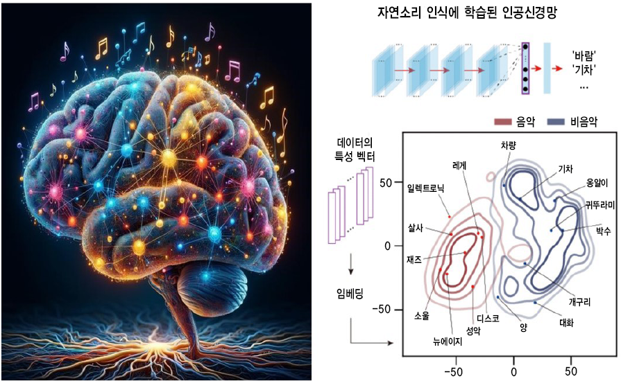 (좌) DALL•E AI로 생성된 뇌와 인공신경망의 음악성 일러스트레이션 (우) 음악이 포함되지 않은 자연소리 인식을 학습한 인공신경망의 잠재 공간에서 음악과 비음악의 구분 김하웅 교수